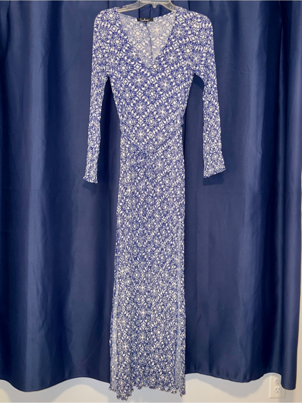 Lulu's Blue and White Patterned Fitted Maxi Dress with Waist Tie